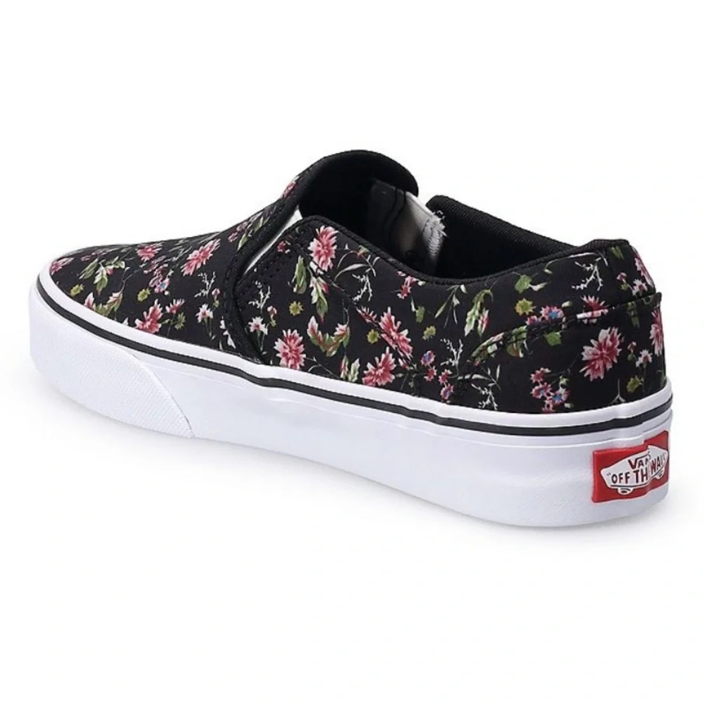 Vans Women’s Asher Black Pink Floral Slip On Sneaker Walking Shoe Size 9.5 - Picture 2 of 9